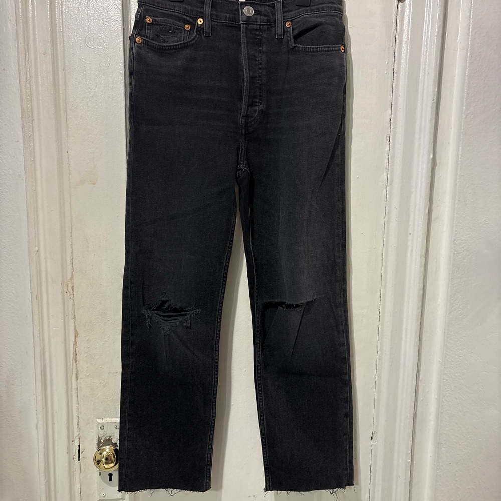 Re/Done Men's Black Straight-Leg Jeans with Knee Rips